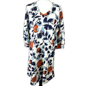 Boutique white blue and rust floral print midi shift dress size medium